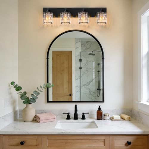 Image of Black Crystal Bathroom Vanity Light, 4-Light Modern Bathroom Lighting Fixtures Over Mirror, Matte Black Wall Sconce Light Fixtures with Square Shade