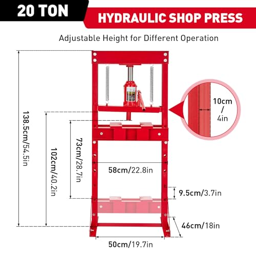 Garvee 20T Hydraulic Press, Hydraulic Shop Press, H-Frame Benchtop Hydraulic Press with 2 Press Plates, Garage Floor Shop Press, Adjustable Work Table Height, Heavy Duty Press, Red