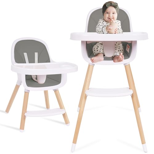 Image of Convertible Baby High Chair - 3-in-1 Wooden Highchair & Toddler Chair with Removable Tray, 5-Point Harness, PU Cushion, Footrest - Dark Gray