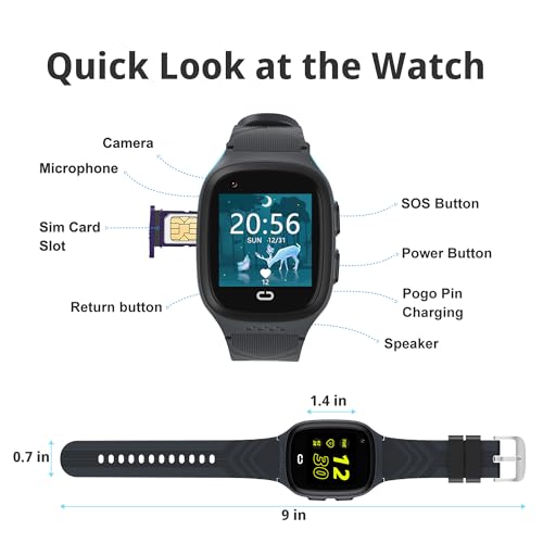 Tixpc 4G Kids Smart Watch with GPS Tracker Location Video Call Cell Phone SOS Calling Voice Chat Touch Screen Camera Alarm Clock Smartwatch Gifts for Age 5-12 Kids (Black)