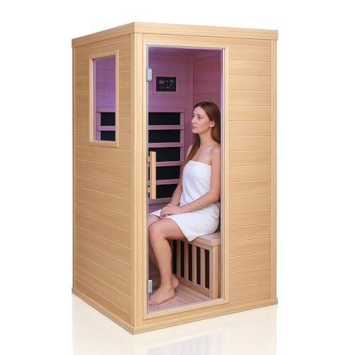 Ferninfrarot-Sauna 1 Person Tannenholz Heimsauna 5 Infrarot-Heizelemente Bluetooth 7-Farben Chromotherapie EMF-arm Seitentür mit Sicherheitsglas