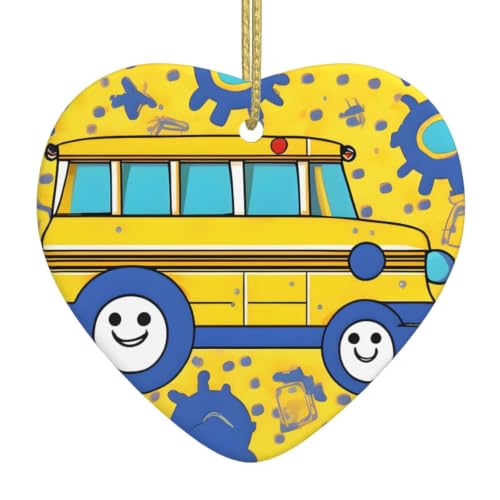 Image of School Bus Print Print Christmas Ornaments, Ceramic Hanging Ornament, Xmas Tree Decoration, Holiday Home Decor