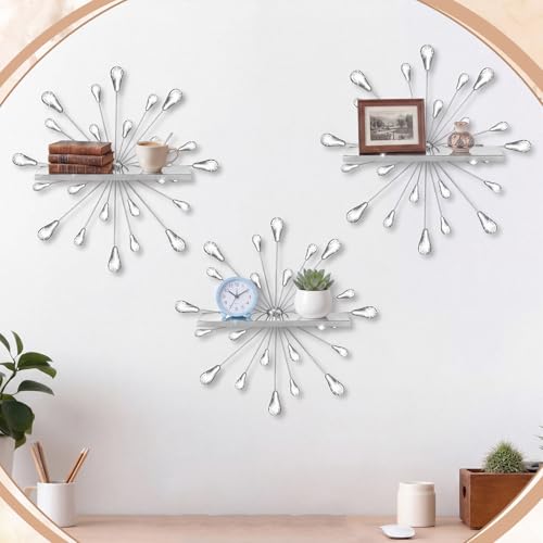 Image of Yaocom Set of 3 Crystal Floating Wall Shelves, Silver Teardrop Metal Wall Mount Storage Shelf, Decorative Floating Display Rack for Bedroom Living Room Kitchen Office Home Decor