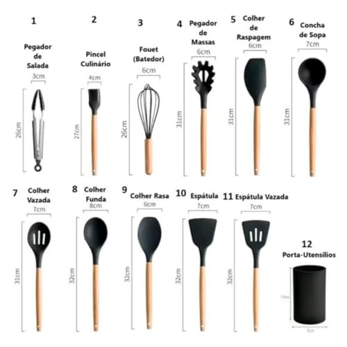 Jogo Kit 12 Peças Utensílios Cozinha Silicone Premium C/Cabo Madeira Escumadeira Espátula Concha Pot
