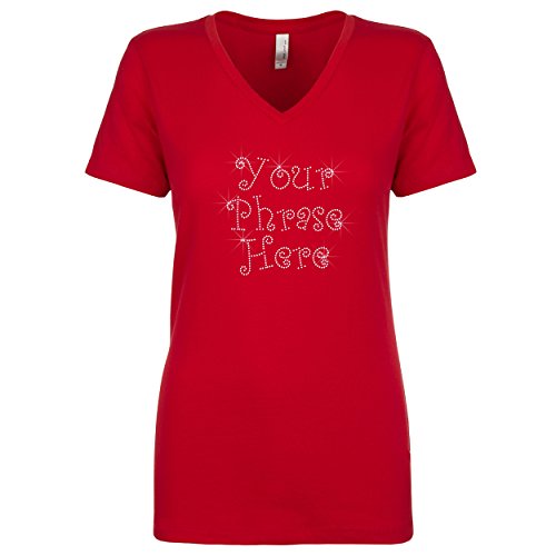 Personalized Rhinestone Gem Bling Womens Tshirt Tee V-Neck Custom Three Lines Red X-Large