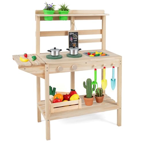 DREAMADECuisine de Boue pour Enfants, Cuisine en Bois Massif avec 2 Pots de Fleurs, Tableau Noir, Évier, 2 Plaques de Cuisson, Jeu d'Imitation Extérieure pour Tout-Petits de 3+ Ans