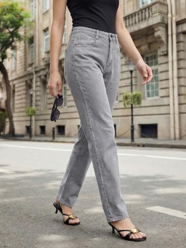 Image of Urbano Fashion Women's High Rise Straight Fit Washed Jeans Non-Stretchable