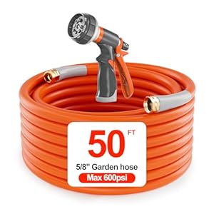 50 ft Garden Hose 50ft Water Hose Heavy Duty 5/8 in. Flexible & Lightweight | 600 Burst PSI | 8 Function Nozzle | 3/4″ Brass Fittings | Kink-less Hybrid Rubber Hose for Garden Yard Outdoor Watering