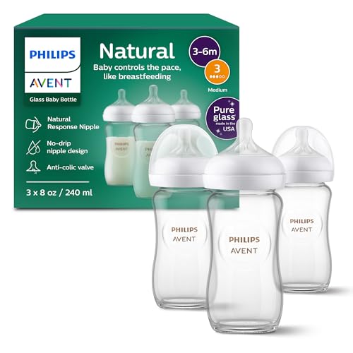 AVENT - Philips Avent Natural Glass Baby Bottles with Natural Response Nipples (Medium Flow, Flow 3), 8oz, 3-pack, SCY913/03