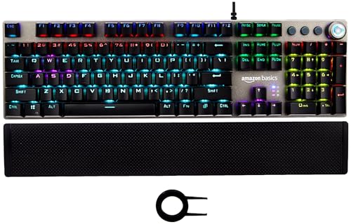 Image of amazon basics Pro Series Mechanical Gaming Keyboard with Drive Customization|RGB LED Lights|Media Control Knob|High-Response Mechanical Switches|Wrist Support|Durable Keycaps|Plug & Play (Black)