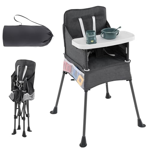 LIFEZEAL Trona de alimentación portátil, evolutiva, plegable, para niños de 6 a 36 meses, 15 kg, bandeja extraíble, lavable, patas de metal, bolsa, bolsillos de almacenamiento, cinturón de seguridad