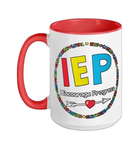 Funny Teacher IEP Tee I Encourage Progress Special Education Ceramic Mug, Red/White, 15oz