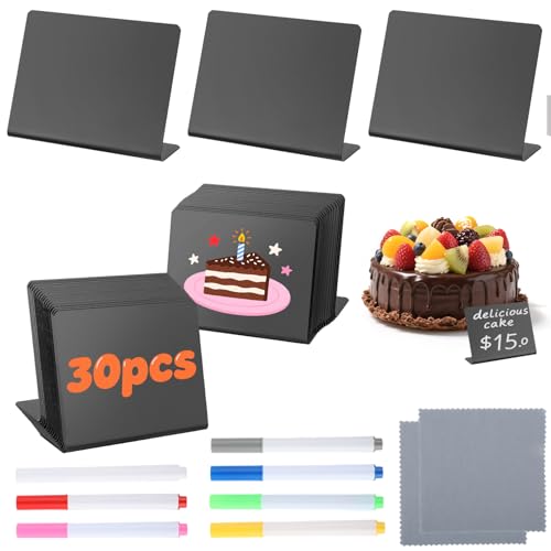 Kievano 30 Stück Mini Kreidetafeln – L-förmige Preisschilder Aufsteller 100x75mm, Wiederverwendbare Tafeln mit 7 Buntkreidestiften & 2 Reinigungstüchern für Buffet, Tischkarten, Hochzeit & Veranstaltu
