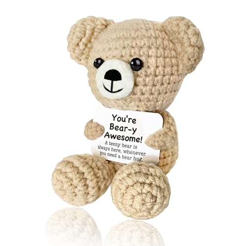 Positive Crochet Animals Mini Crocheted Bear Emotional Support Plush Crochet Animal Alreadymade Gifts for Women Men Her Him Friends Coworker Daughter Son Inspirational Gifts Handmade Knitted Cute