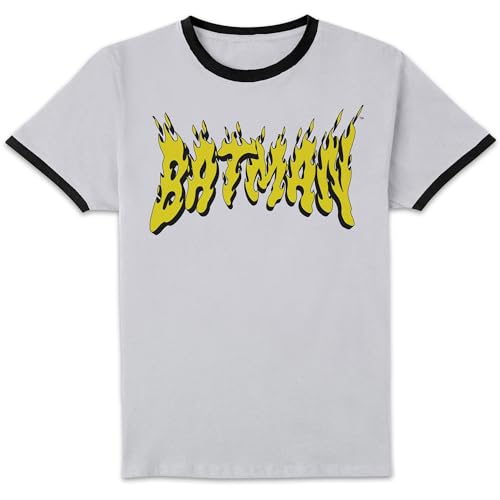Image of DC Comics Batman Text Fire Unisex Ringer T-Shirt - White/Black S