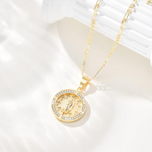 FLHEART Virgin Mary Guadalupe Pendant Necklace for Women Men-14K Gold Plated Cubic Zirconia Lady of Virgen de Guadalupe Mother Mary Charm Link, Religious Gifts Confirmation/Happy Easter — view 4