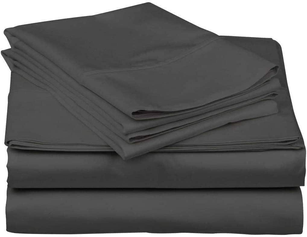 RRlinen 100% Pure Natural Cotton Bedsheet Set-4 PC Twin XL Bedding Size | Dark Grey Solid Best Cooling Breathable Sateen Weave Sheet Set Fitted Mattress with Elastic Belt 15" Deep Pocket