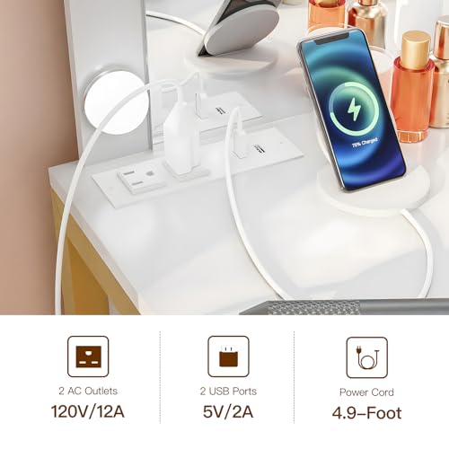 FIONESO Vanity Makeup Desk with Mirror & Power Outlet, 10 Lights, 4 Drawers, 3 Storage Shelves, 3 Color Modes & Adjustable Brightness Dressing Table, 35.4”Desk, White