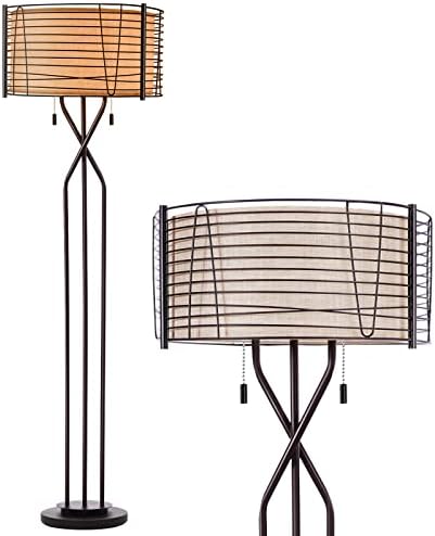 Floor Lamps for Living Room with Double Drum Shade - Farmhouse Industrial Standing Lamp, 65" Tall Rustic Bronze Woven Iron Metal Burlap Fabric Shade Mid Century Modern Reading Light for Bedroom Office
