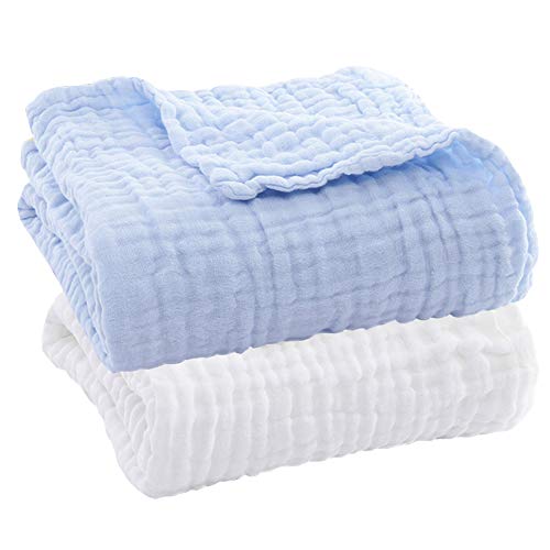 Image of Aablexema Baby Muslin Bath Towels - Set of 2 Large Size 43X43 Inches Swaddle Blanket for Newborn Toddlers Boys Girls (White & Blue)