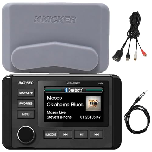 Kicker 51KMC4 3" LCD Marine Bluetooth Weather-Resistant Gauge-Style AM/FM WB/USB/AUX Media Center Receiver, Bundle Combo With USB/AUX 3.5MM Interface Adapter, Black Flexible Hideaway 22" Radio Antenna