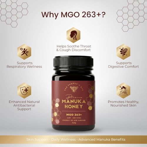 Image of THE FARMER'S BEE New Zealand Manuka Honey MGO 263+ (10+) | Monofloral Raw Honey | MGO Tested | Premium Imported Honey | Digestive Irritation Relief & Higher Antibacterial Strength | 500g