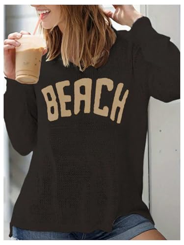 Image of Verdusa Women's Beach Cover Up Sweaters Letter Print Long Sleeve Crochet Crew Neck Knit Sweater Summer Tops
