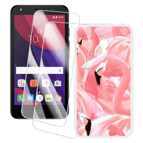 OAGELIM 2 Piezas Protector de Pantalla + Funda Compatible con Alcatel Pixi 4 5.0 4G (5 Pulgada) Funda Impresión Artística Personalizada y Cristal Templado (Flamencos)