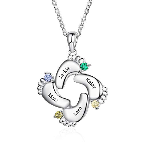 Personalized Necklace for Mother with 1-6 Name Custom Babyfeet Pendant Necklace for Mom with Simulated Birthstone Family Jewelry for Mom (4_Names)