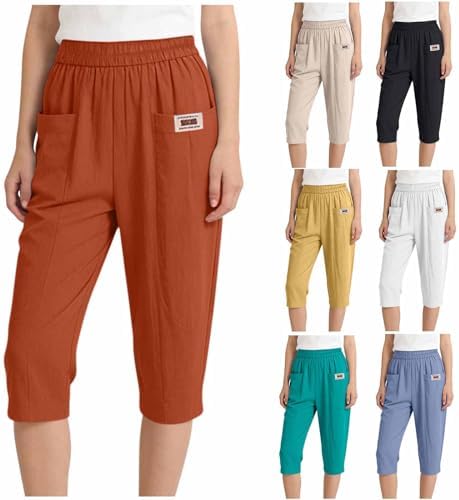 SCRRMZO Linen Capris Pants for Women Summer Elastic Waist Cropped Trousers Casual Baggy Cotton Lounge Pants with Pockets