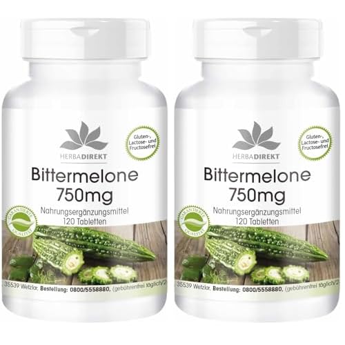 Bittermelone 750mg - 120 Tabletten - hochdosiert - vegan - mit Chrom | HERBADIREKT by Warnke Vitalstoffe - Deutsche Apothekenqualität (Packung mit 2)