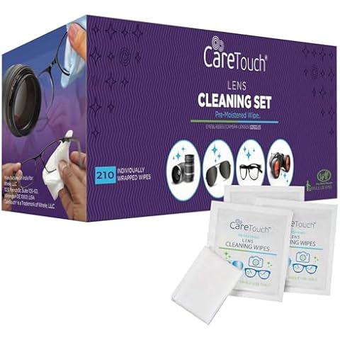 Care Touch Lens Wipes for Eyeglasses- 210 Count Individually Wrapped Pre- Moistened Wipes, 5 x 6 Inch- Camera Lens, Sunglasses and Glasses Cleaner,- Gentle and Portable for Cleaning of Optical Devices Cover