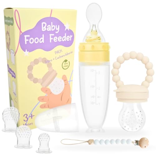 Little Creators - Kit Chupete fruta bebe + Biberón Cuchara Silicona| Mordedor bebe Antiahogo +tetinas de Silicona S,M,L +Cadena Chupetero |sin BPA| Destete + 3meses | BLW| Regalo Original