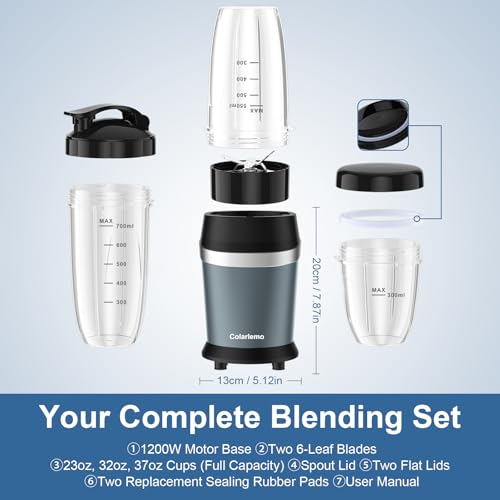 Image of Colarlemo 12-Piece Smoothie Blender Maker 25,000 RPM Personal Blender for Ice Crushing Smoothies & Frozen Drinks Nuts with 23oz, 32oz, 37oz Portable Cups Two 6-Leaf Stainless Steel Blades, Ash Blue