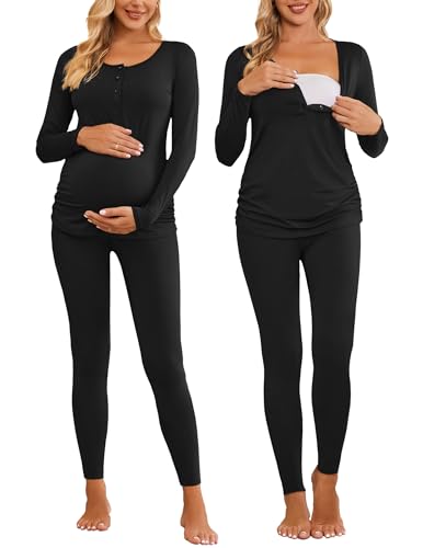 Image of Ekouaer Maternity Nursing Pajama Delivery Pjs Long Sleeve Breastfeeding Thermal Underwear Set