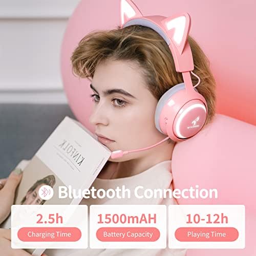 EASARS Wireless Cat Ear Headphones, Pink Gaming Headset Bluetooth 5.0 for Smartphone, Retractable Mic, 50mm Drivers, RGB Lighting Headset with Mic (USB Dongle Not Included) - 1