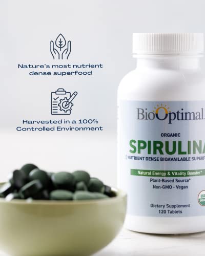 Biooptimal Organic Spirulina Tablets, 100% Usda Organic, Premium Quality 4 Organic Certifications, Non-Gmo, No Additives Capsules Or Fillers, 120 Count 1 Month Supply, Packaging May Vary #TOP3