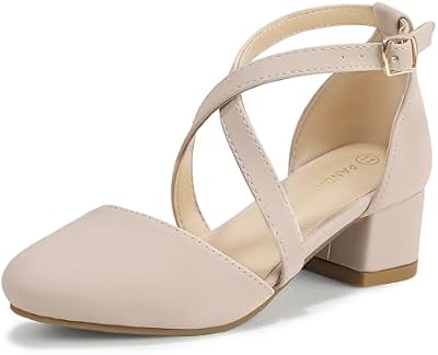 PANDNAINJIA Girls Heels Dress Shoes - Nude Kids Pump Shoes, Size 4