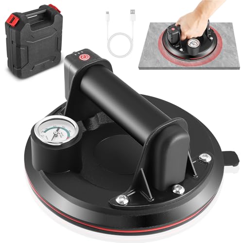 8'' Vacuum Suction Cup with Pressure Gauge, Electric Glass Suckers Lifter 200KG/440lbs, Powerful Heavy Duty Industrial Vacuum Tile Suction Lifter With Plastic Box for Granite, Glass, Marble