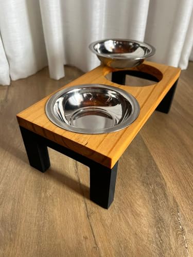 Comedouro Elevado Madeira Dois Potes Inox para Cachorro e Gato