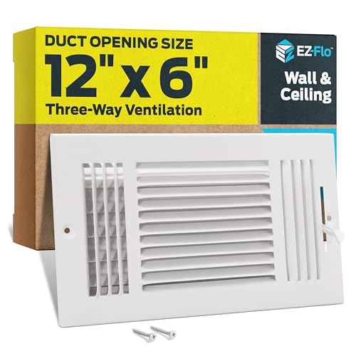 EZ-FLO 12 x 6 Inch (Duct Opening) Air Vent Cover for Wall or Ceiling Three-Way Ventilation Register Solid Steel HVAC Register Cover White 61615