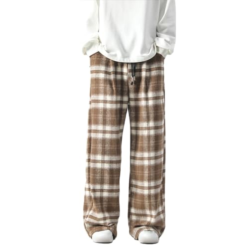 GURUNVANI Mens Vintage Casual Pants Straight Plaid Trousers Drawstring Regular Fit