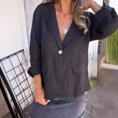 2025 New Cotton and Linen Casual Lapel Single-Button Thin Coat Summer, 3/4 Sleeve Loose Linen Blazer Women2