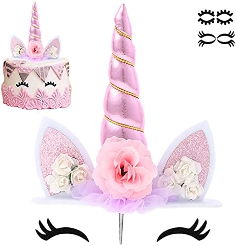 Unicorn Cake Topper Unicorn Birthday Party Supplies Unicorn Cake Decoration Pink Unicorn Horn Cake Topper Unicorn Birthday Decorations for Girls First Birthday Cake Topper with Eyelashes, 5.8 Inch