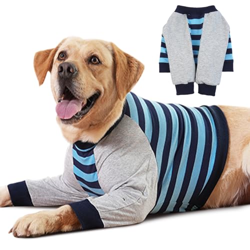 Image of FUAMEY Dog Recovery Sleeve with Elbow Protector,Dogs Shirt Stop Licking Joints,Pet Long Sleeve Suit Protecting Dog's Front Leg Arm Wounds Cover Skin Conditions Blue Stripe 2XL