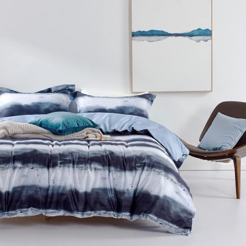 MILDLY 100% Long-Staple Cotton Duvet Cover Set Navy & White Striped Watercolor Pattern Printed Comforter Cover 3pcs, Ultra Soft & Breathable Bedding Set