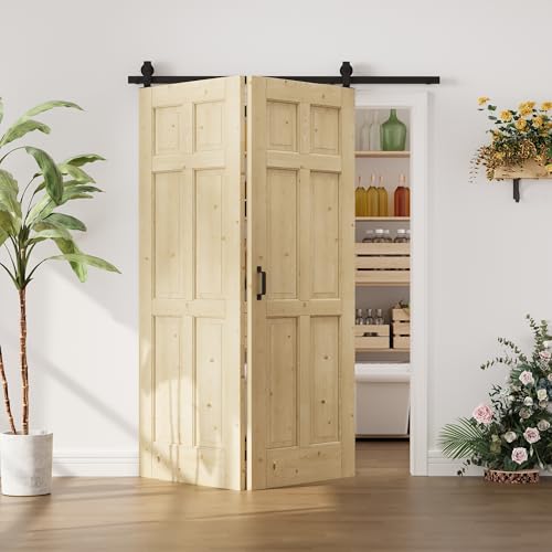 Image of 60 inchx80 inch 6-Panels Bi-fold Barn Door with 64 inch Track Kit Included, Pine Slab