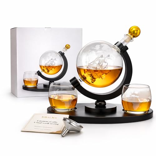 Luxury Whiskey Decanter Set for Men Whiskey Globe Decanter with 2 Etched Glasses High End Bourbon & Scotch Gift for Dad Husband & Boyfriend Home Bar Decor