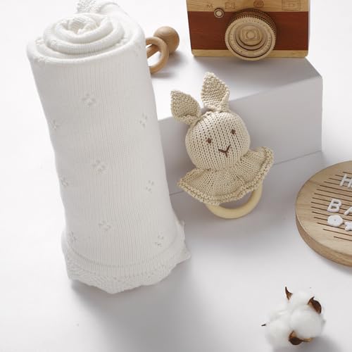 Image of mimixiong Cotton Baby Blanket Knitted Crochet Receiving Crib | Nursery Swaddling Blankets for Newborn Baby Boy Girl with the Bunny Rattle Snow white