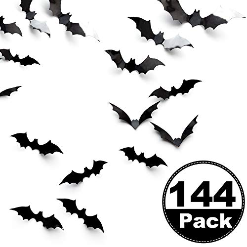 Boao 144 Pieces Halloween Scary Plastic 3D Bats Wall Decals Stickers, DIY Halloween Party Supplies PVC 3D Decorative Scary Black Bats, Window Decor Party Supplies Decoration